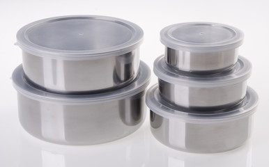stainless steel food containers on white background