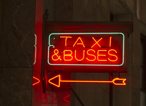 Red Neon Sign Indoor Signage Arrow Pointing Taxi Buses