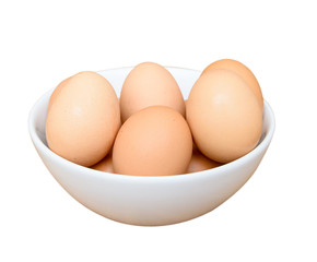 Eggs in white bowl isolated on white background