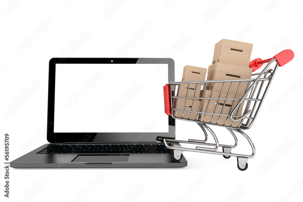 Wall mural online shopping concept. shopping cart with boxes over laptop