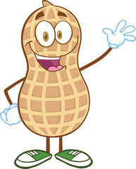 Happy Peanut Cartoon Mascot Character Waving For Greeting