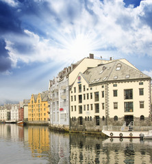 Small harbor in downtown of Alesund, with Reflections - Norway