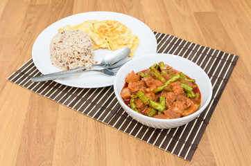 Extremely hot stir fried string bean with pork have rice and ome