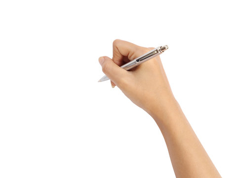 hand with pen writing on white background