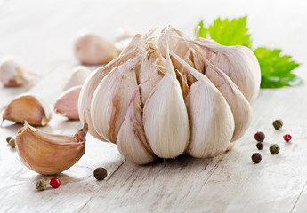 Garlic on a wooden table
