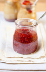 Glass jar with homemade raspberry jam
