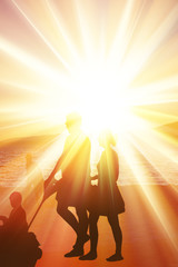Silhouette of a Family Behind Bright Sunlight