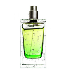 men's perfume in beautiful bottle in water drops isolated on whi