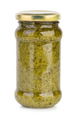 Glass jar with pesto sauce