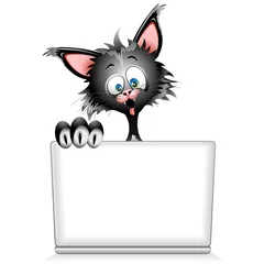 Papier Peint photo Dessiner Funny Cat Cartoon with Computer Laptop-Gatto Buffo al PC