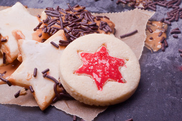 collection of christmas cookies with jelly and chocolate