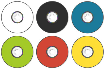CD or DVD compact disc of different colors on a white background
