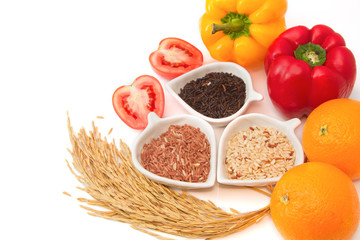 Rice varieties, wheat, brown rice, black jasmin rice in white bo