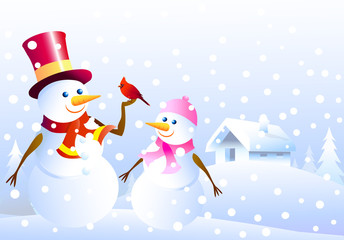Snowmen ,Christmas  bird & winter landscape