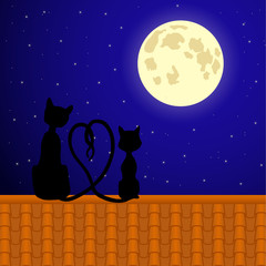 Cats sitting on the roof and stare at moon.