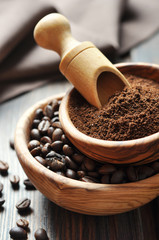 ground coffee and coffee beans