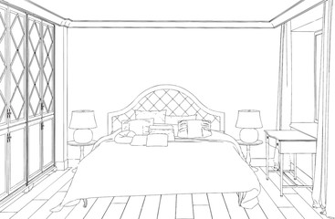 Modern interior bedroom hand drawing