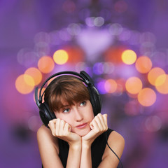 Beautiful woman listening music. Beautiful festive background.