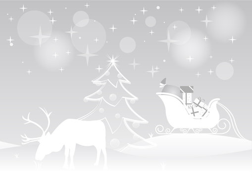 Noël - Rennes et un traineau plein de cadeaux - fond gris