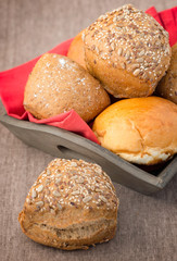 Bread rolls on a towel on the table
