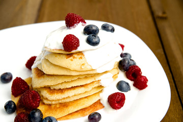 Homemade pancakes on a wooden table