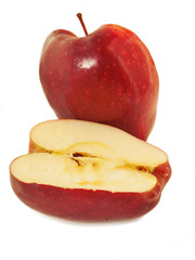 halves of red apple isolated on white background