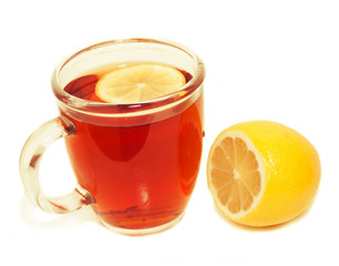 cup of tea with sliced lemon and lemon  isolated on a white back