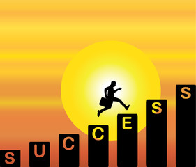 businessman running success steps evening sky sun background