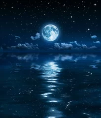 Papier Peint photo Lavable Pleine Lune arbre super lune et nuages dans la nuit sur mer