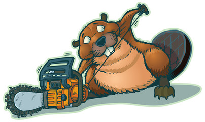 Cute Beaver Strarting Chainsaw Vector Cartoon - obrazy, fototapety, plakaty