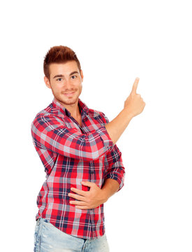 Young attractive men pointing something with the hand