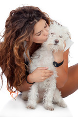 Happy girl with her dog isolated
