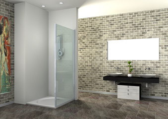 Bathroom interior featuring a sleek glass shower enclosure in a 3D rendering; ideal for interior design and architectural projects.