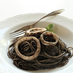 Italian food, squid ink spaghetti