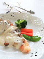 french food, sauteed salmon with white sauce