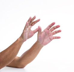 Man hands try to grab something isolated on white background