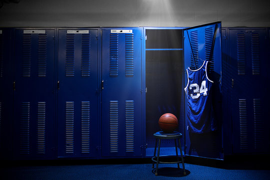 Basketball Locker Room with spotlight on the ball and locker