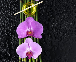 two orchid and bamboo grove,massage oil, on wet black