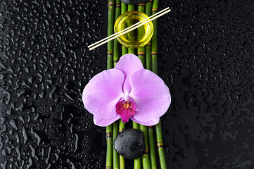 pink orchid and bamboo grove,massage oil,stone, on wet