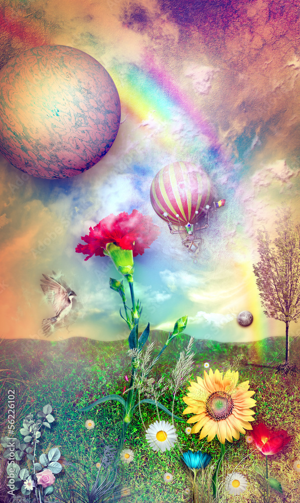 Poster Enchanted landscape with hot air balloon