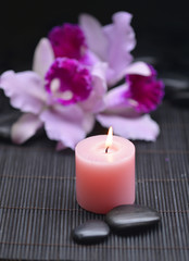 Fototapeta na wymiar beautiful orchid with candle and zen stones on mat