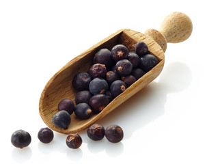 wooden scoop with dried juniper berries