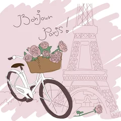 Papier Peint photo Lavable Illustration Paris Belle carte avec joli vélo et roses jaunes sur Paris fon