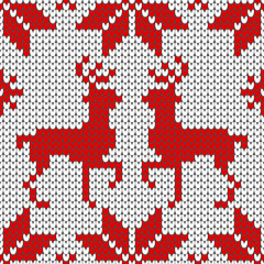 Seamless Pattern Knitted Reindeer & Snowflakes Red