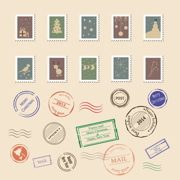 Vector collection of vintage post stamps. Perfect for Christmas 