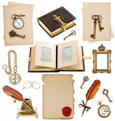 antique clock, key, photo album, feather pen, inkwell, compass - obrazy, fototapety, plakaty