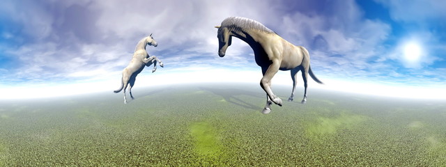 Obraz na płótnie Canvas Horses in green landscape - 3D render