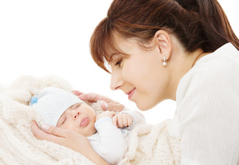 mother holding newborn baby sleeping over white background