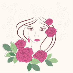 Woman face and pink roses