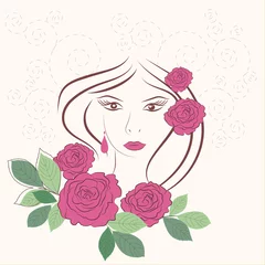 Poster Vrouwengezicht en roze rozen © Larysa Diachenko